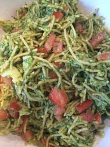 Ideal dinner: Whole wheat pasta, olive oil, tomatoes, and ground kale.